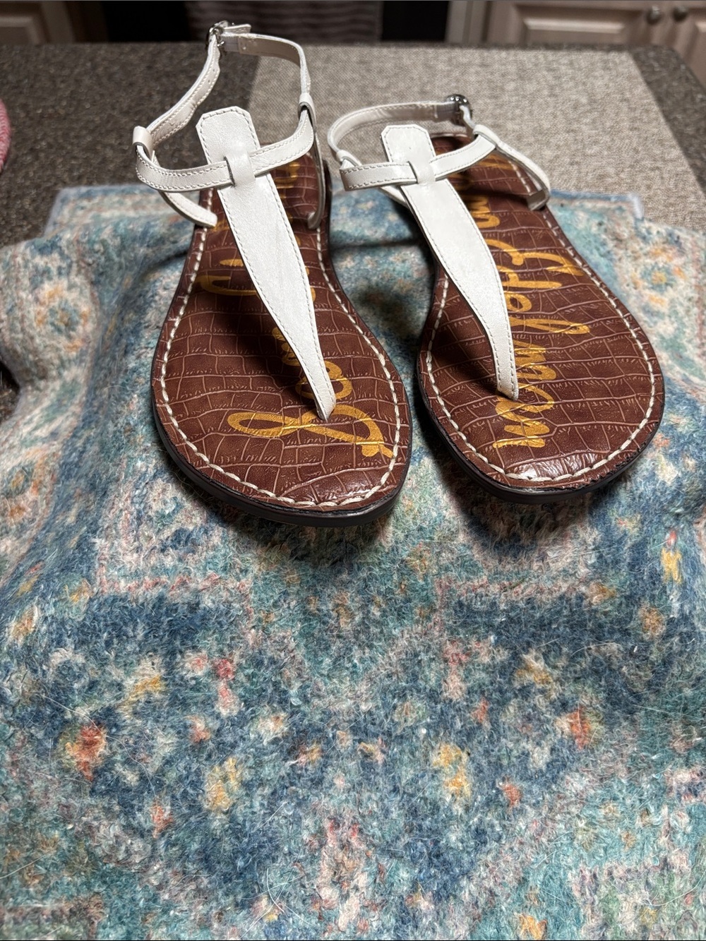 Sam Edelman White T-Strap Sandals with Brown Croc-Textured Footbed